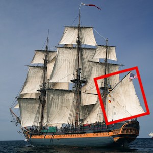 An example of the largest fore-and-aft sail on a square-rigged vessel